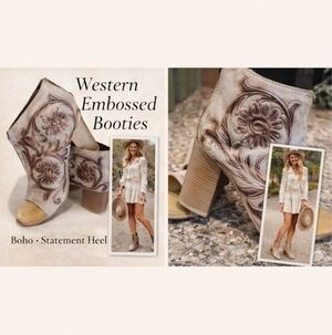 Roper Floral Embossed Heeled Boots - Brown and Yellow